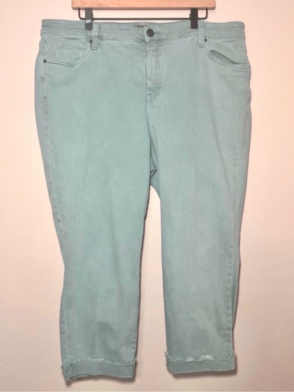 KUT from the Kloth Amy Crop Pants 18W Sea Blue Straight Leg Frayed Hem Stretch